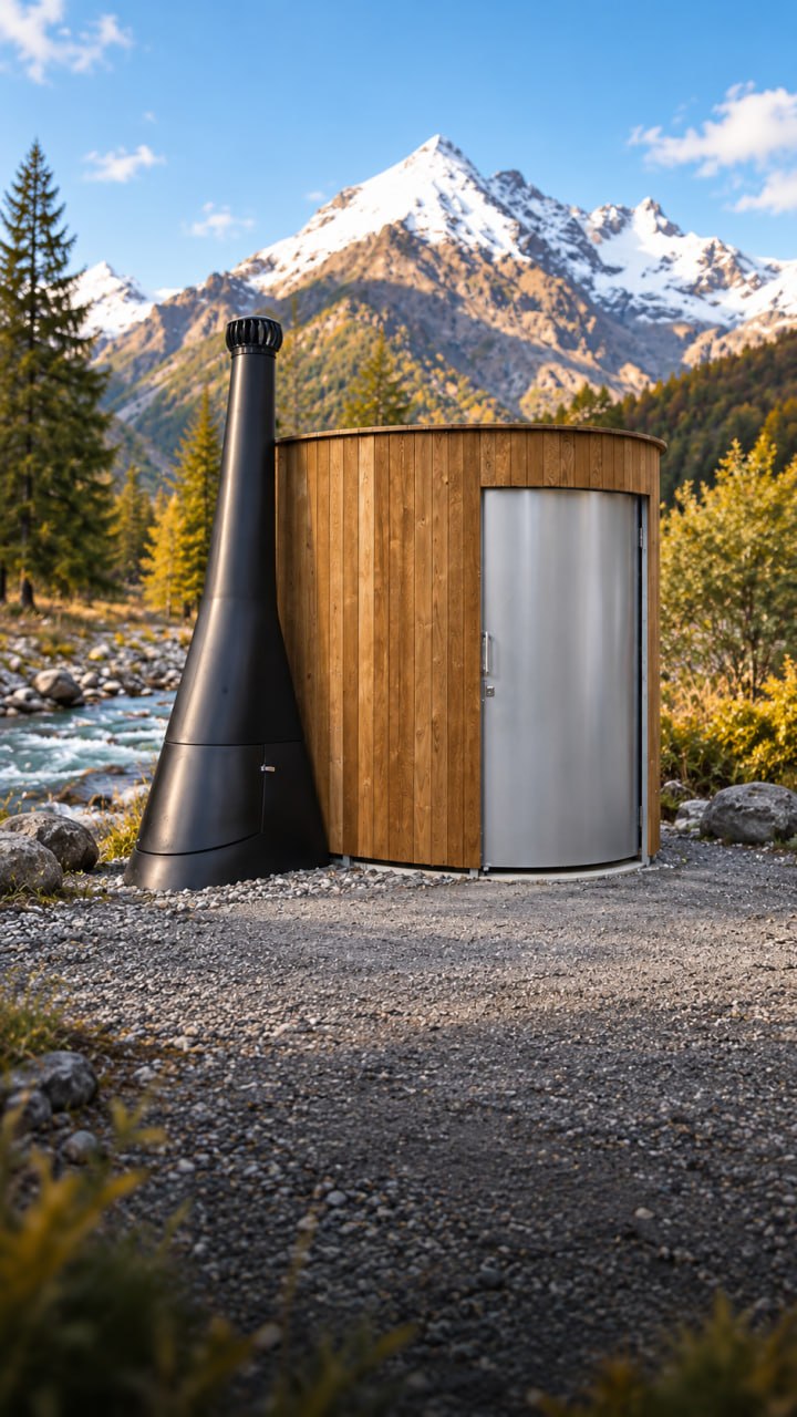 Kazuba™ dry toilet building on an alpine river site